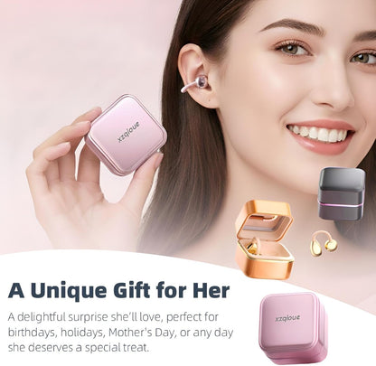 Wireless Earbuds with LED Makeup Mirror Case, Bluetooth 6.0 Open Ear Clip-On Headphones, Cute Pink Air Conduction Earphones for Women, Low Latency, Secure Fit for Running & Travel