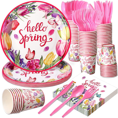 144 Pcs Spring Floral Plates and Napkins Set Party Supplies Tulip Disposable Tableware Set Pink Flower Wildflower Birthday Party Decor for 24 Guests Spring Wedding Table Decorations