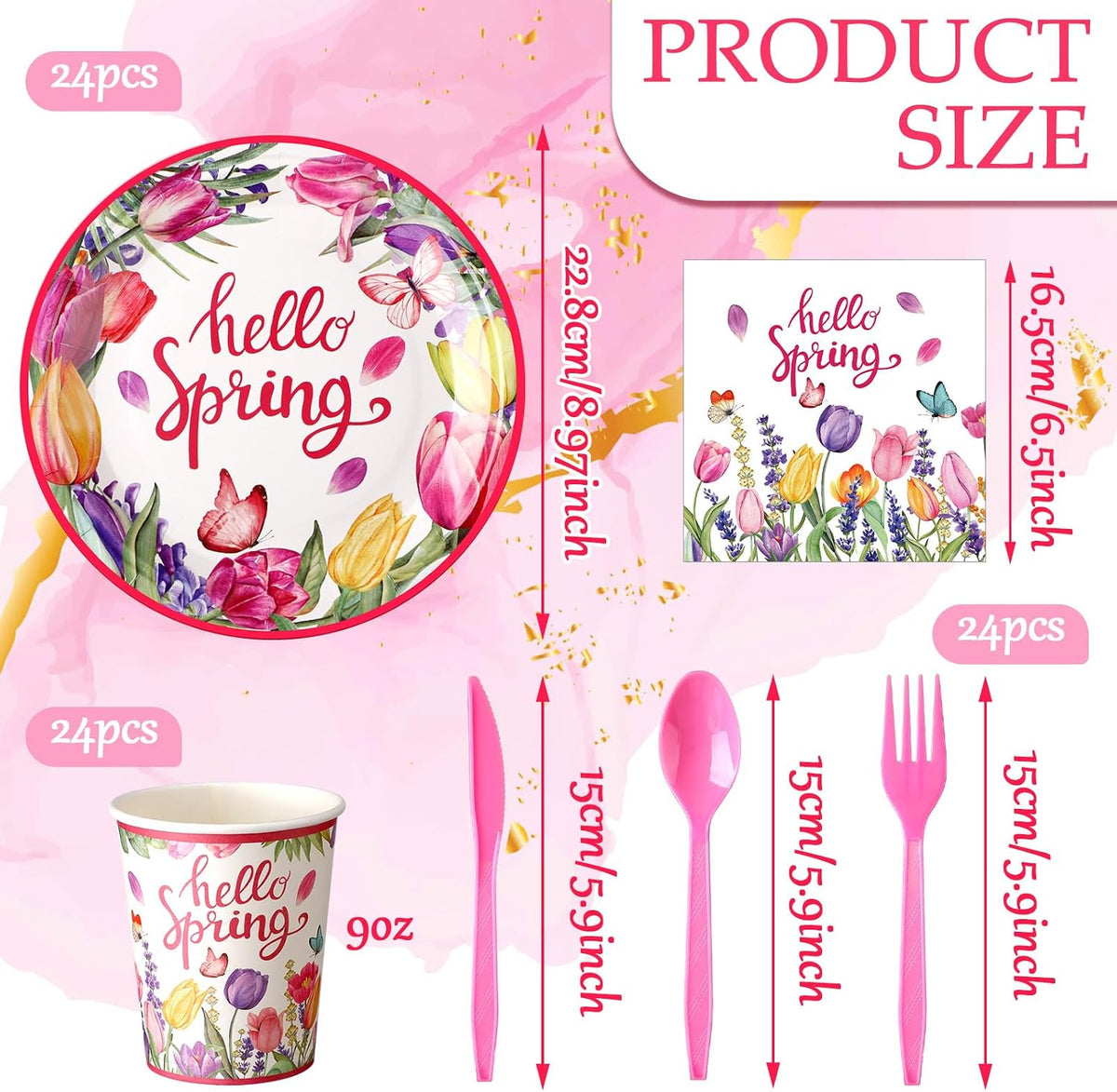 144 Pcs Spring Floral Plates and Napkins Set Party Supplies Tulip Disposable Tableware Set Pink Flower Wildflower Birthday Party Decor for 24 Guests Spring Wedding Table Decorations
