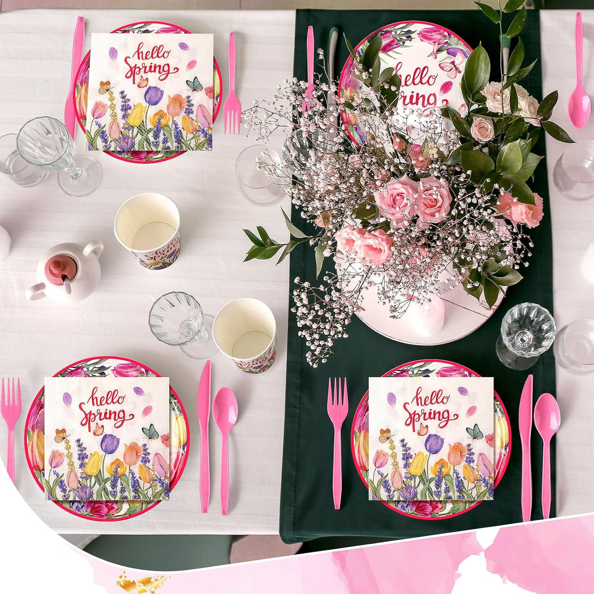 144 Pcs Spring Floral Plates and Napkins Set Party Supplies Tulip Disposable Tableware Set Pink Flower Wildflower Birthday Party Decor for 24 Guests Spring Wedding Table Decorations