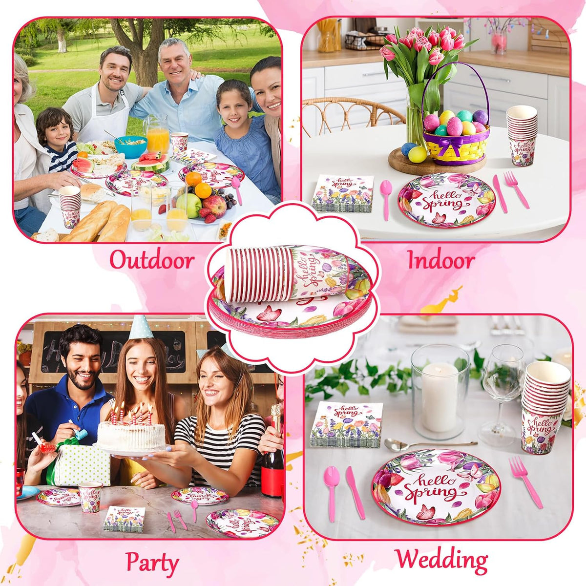 144 Pcs Spring Floral Plates and Napkins Set Party Supplies Tulip Disposable Tableware Set Pink Flower Wildflower Birthday Party Decor for 24 Guests Spring Wedding Table Decorations