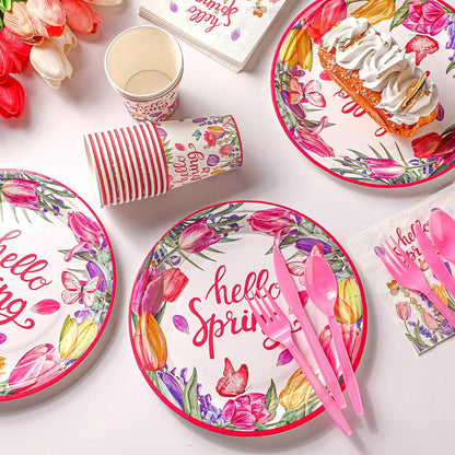 144 Pcs Spring Floral Plates and Napkins Set Party Supplies Tulip Disposable Tableware Set Pink Flower Wildflower Birthday Party Decor for 24 Guests Spring Wedding Table Decorations