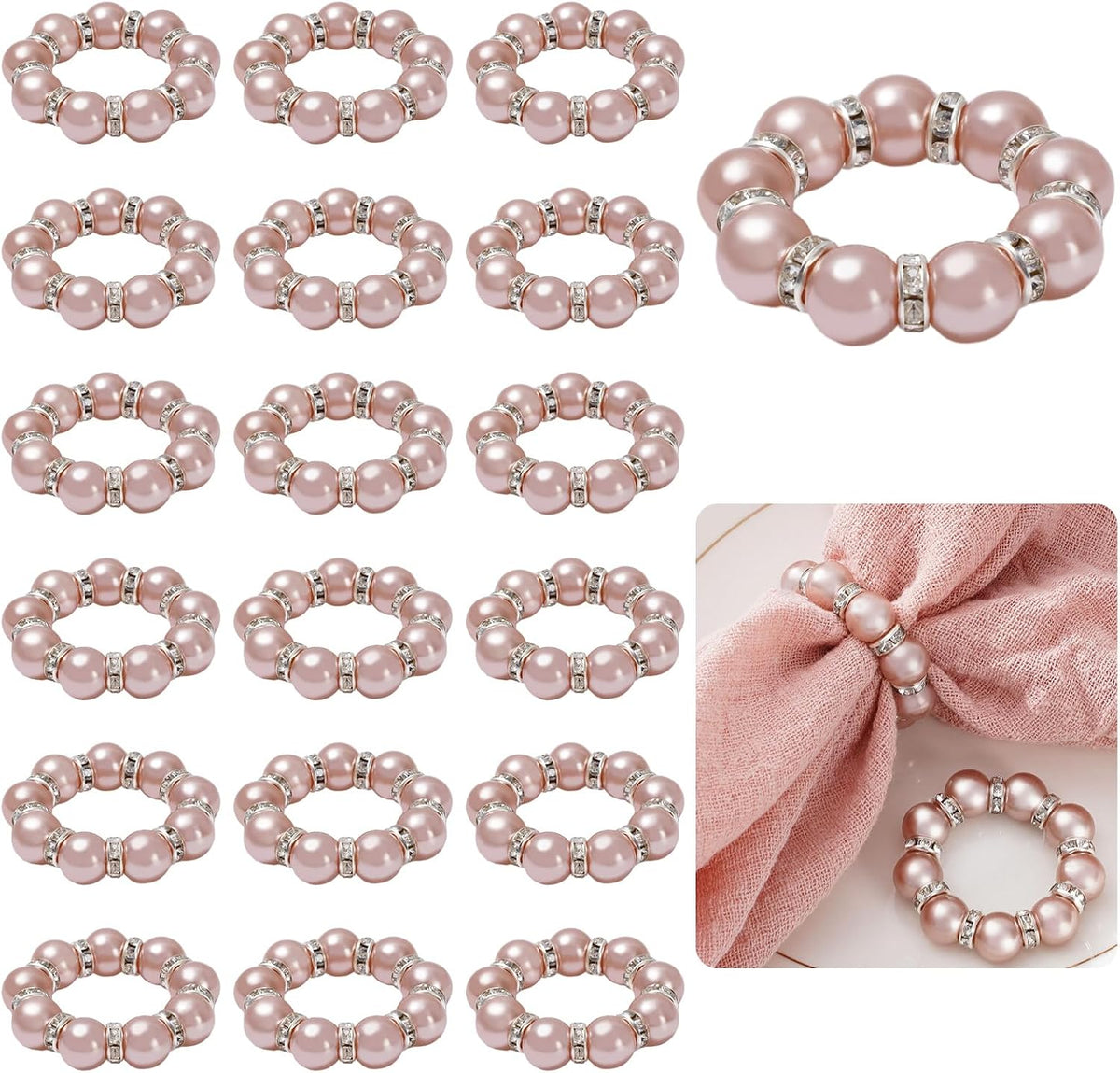 20Pcs Rose Gold Pearl Napkin Rings Stretched Imitation Pearl Beaded Napkin Holder Rhinestone Napkins Holder Buckles Dinner Table Ring for Wedding Birthday Valentine's Day, 1.6 Inch