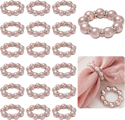 20Pcs Rose Gold Pearl Napkin Rings Stretched Imitation Pearl Beaded Napkin Holder Rhinestone Napkins Holder Buckles Dinner Table Ring for Wedding Birthday Valentine's Day, 1.6 Inch