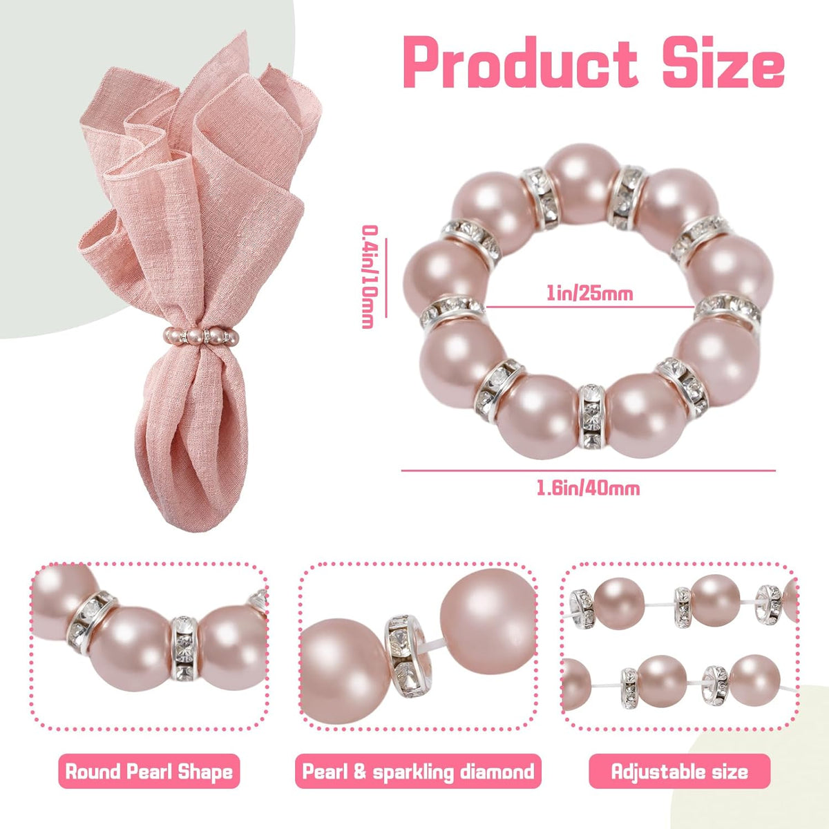 20Pcs Rose Gold Pearl Napkin Rings Stretched Imitation Pearl Beaded Napkin Holder Rhinestone Napkins Holder Buckles Dinner Table Ring for Wedding Birthday Valentine's Day, 1.6 Inch