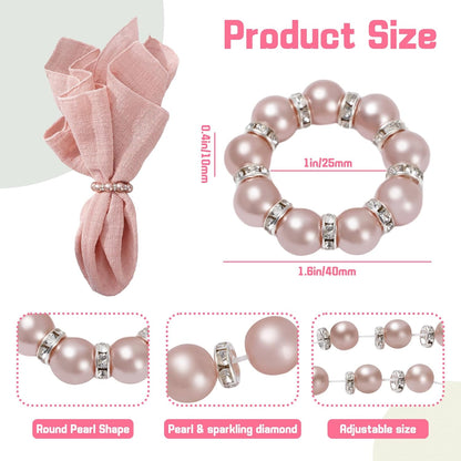 20Pcs Rose Gold Pearl Napkin Rings Stretched Imitation Pearl Beaded Napkin Holder Rhinestone Napkins Holder Buckles Dinner Table Ring for Wedding Birthday Valentine's Day, 1.6 Inch