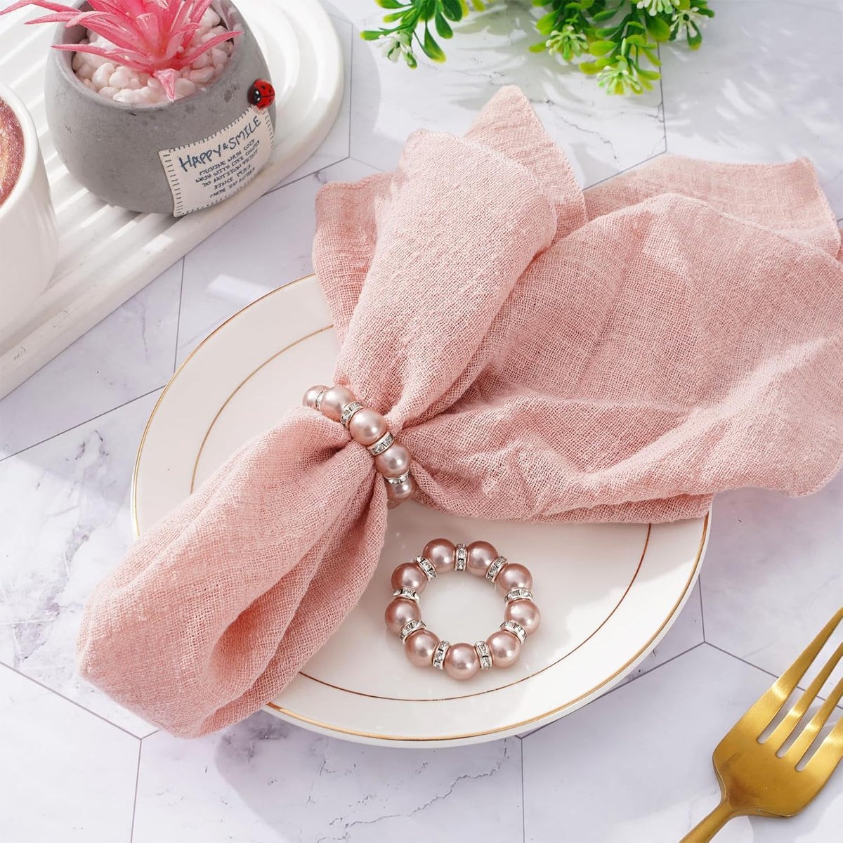 20Pcs Rose Gold Pearl Napkin Rings Stretched Imitation Pearl Beaded Napkin Holder Rhinestone Napkins Holder Buckles Dinner Table Ring for Wedding Birthday Valentine's Day, 1.6 Inch
