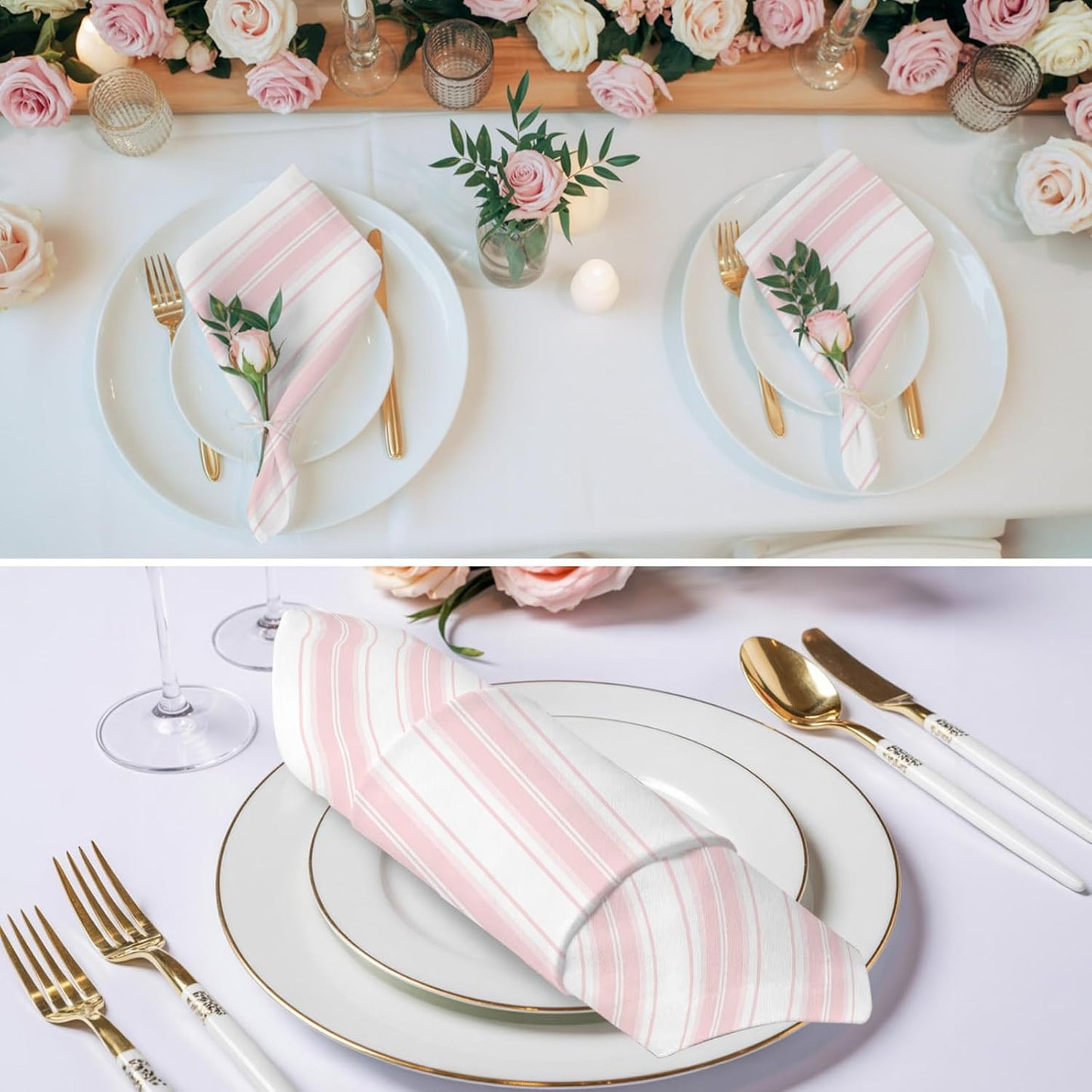 Pink Striped Cloth Napkins Set of 6, Holiday Napkins for Baby Shower, Modern Thin Line Vertical Stripes Washable Reusable Dinner Napkin for Cocktail Wedding Party, 20 x 20 Inch