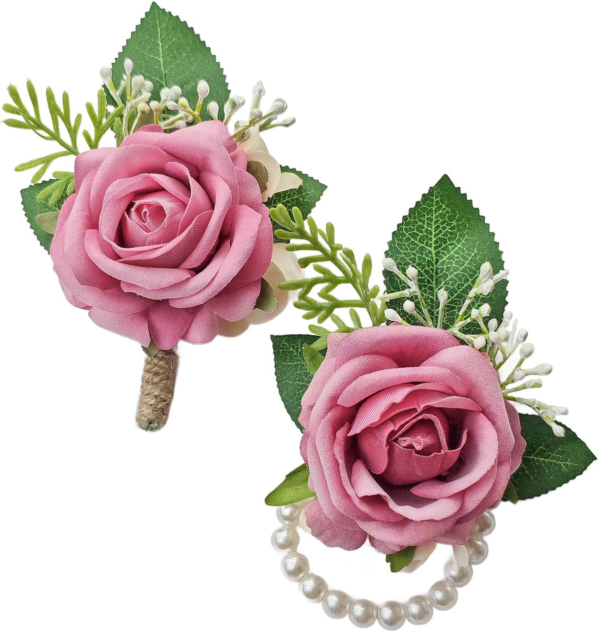 Pink Rose Corsage and Boutonniere Set Wristlet Corsage for Bride Bridesmaids, Boutonniere for Groom Groomsmen Prom Wedding Flowers Accessories,Homecoming, Anniversary, Graduation (Pink)