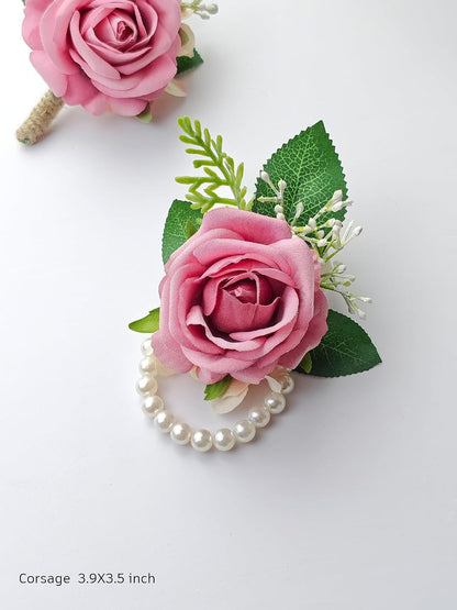 Pink Rose Corsage and Boutonniere Set Wristlet Corsage for Bride Bridesmaids, Boutonniere for Groom Groomsmen Prom Wedding Flowers Accessories,Homecoming, Anniversary, Graduation (Pink)