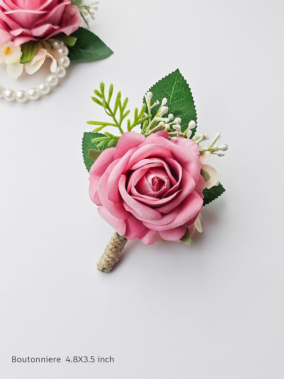 Pink Rose Corsage and Boutonniere Set Wristlet Corsage for Bride Bridesmaids, Boutonniere for Groom Groomsmen Prom Wedding Flowers Accessories,Homecoming, Anniversary, Graduation (Pink)