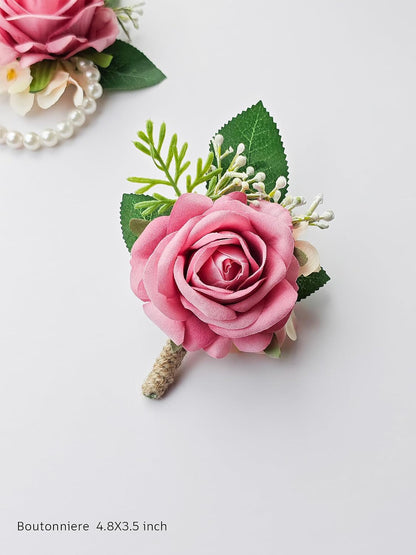 Pink Rose Corsage and Boutonniere Set Wristlet Corsage for Bride Bridesmaids, Boutonniere for Groom Groomsmen Prom Wedding Flowers Accessories,Homecoming, Anniversary, Graduation (Pink)