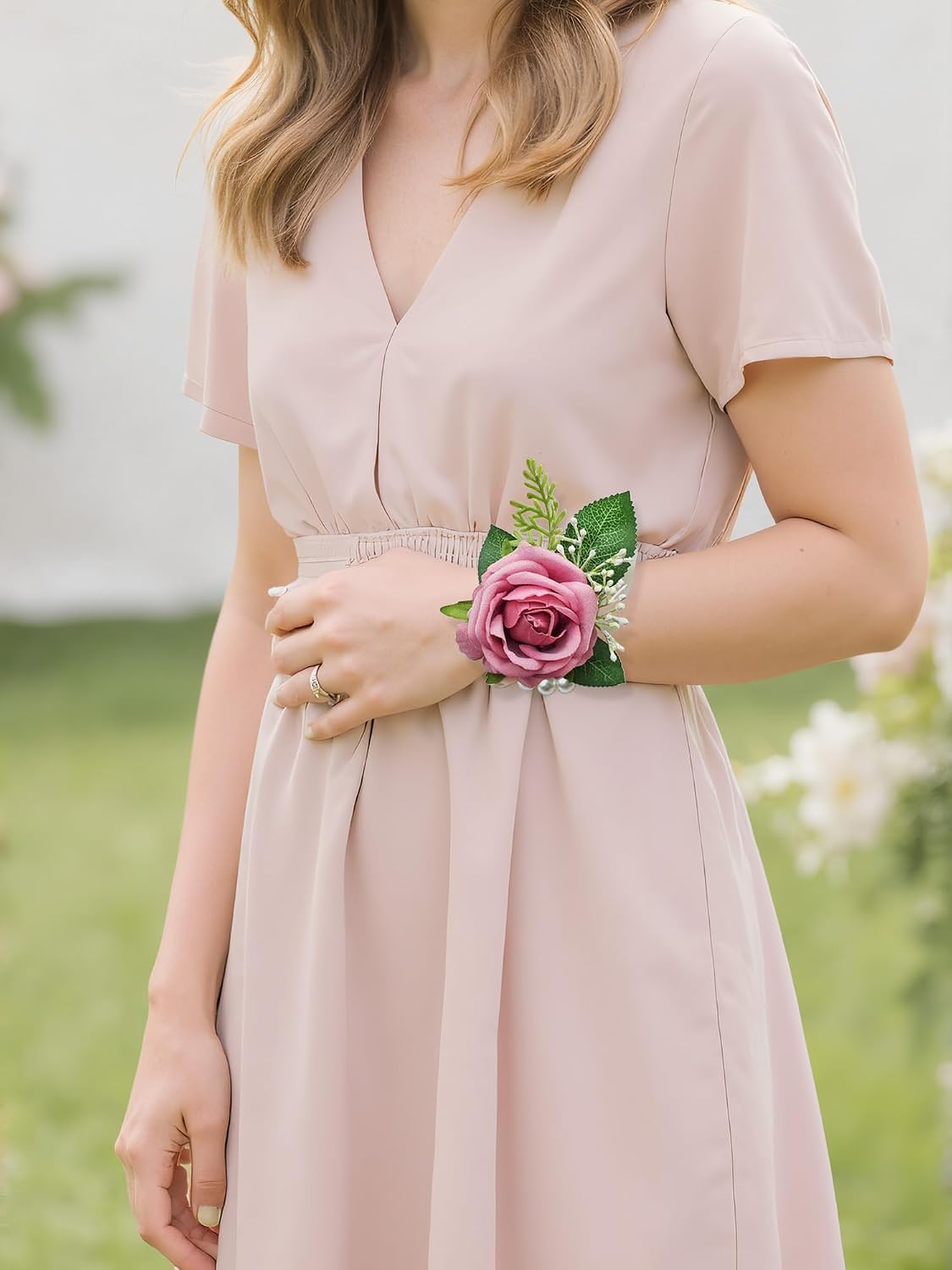 Pink Rose Corsage and Boutonniere Set Wristlet Corsage for Bride Bridesmaids, Boutonniere for Groom Groomsmen Prom Wedding Flowers Accessories,Homecoming, Anniversary, Graduation (Pink)