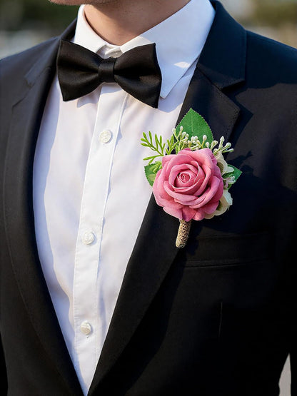 Pink Rose Corsage and Boutonniere Set Wristlet Corsage for Bride Bridesmaids, Boutonniere for Groom Groomsmen Prom Wedding Flowers Accessories,Homecoming, Anniversary, Graduation (Pink)