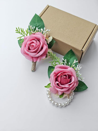 Pink Rose Corsage and Boutonniere Set Wristlet Corsage for Bride Bridesmaids, Boutonniere for Groom Groomsmen Prom Wedding Flowers Accessories,Homecoming, Anniversary, Graduation (Pink)