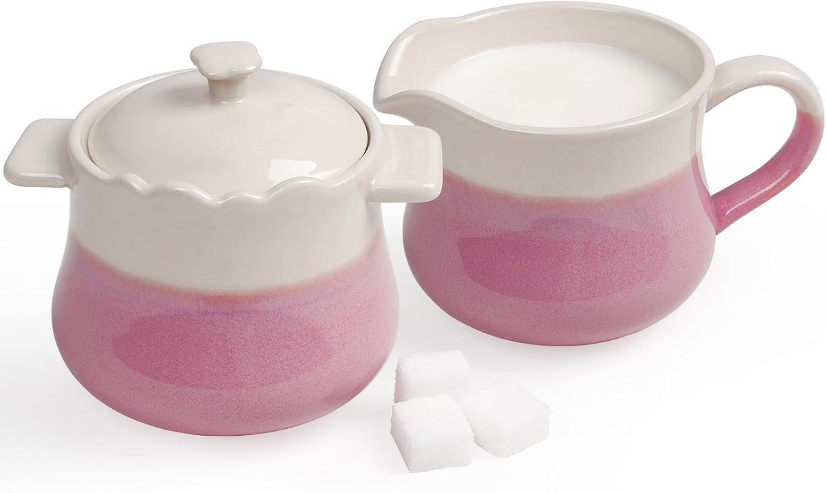 Ceramic Sugar and Creamer Set, 2-Piece French Style Cream Pitcher and Sugar Bowl with Lid, Coffee and Tea Serving Set for Home Kitchen, Microwave & Dishwasher Safe, Pink and Beige