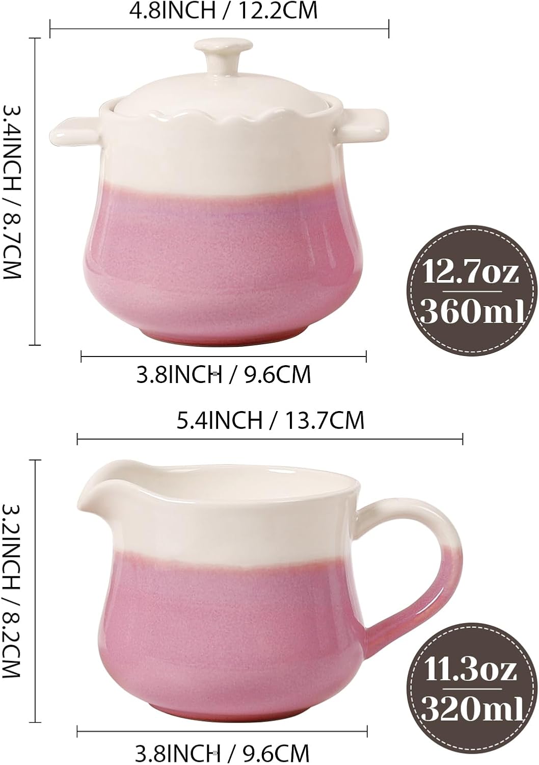 Ceramic Sugar and Creamer Set, 2-Piece French Style Cream Pitcher and Sugar Bowl with Lid, Coffee and Tea Serving Set for Home Kitchen, Microwave & Dishwasher Safe, Pink and Beige
