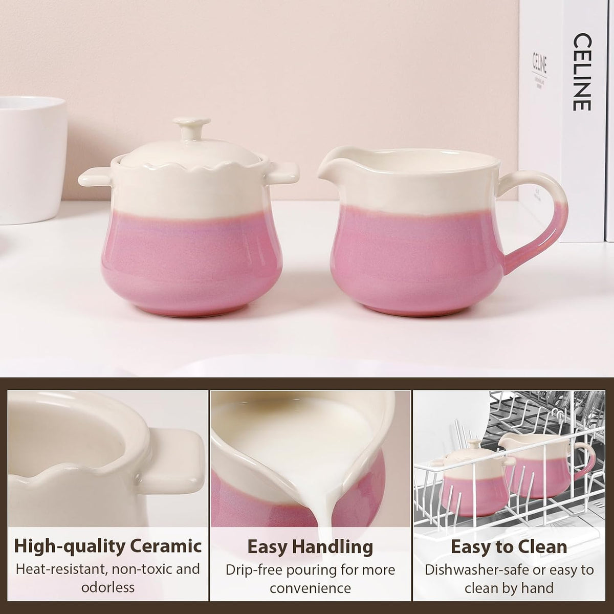 Ceramic Sugar and Creamer Set, 2-Piece French Style Cream Pitcher and Sugar Bowl with Lid, Coffee and Tea Serving Set for Home Kitchen, Microwave & Dishwasher Safe, Pink and Beige