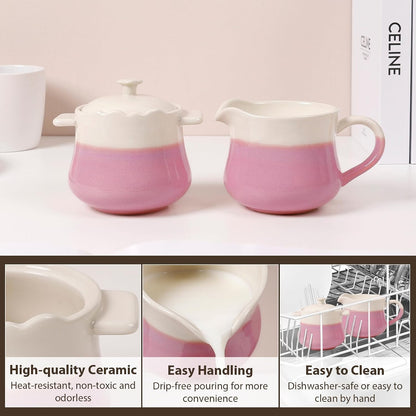 Ceramic Sugar and Creamer Set, 2-Piece French Style Cream Pitcher and Sugar Bowl with Lid, Coffee and Tea Serving Set for Home Kitchen, Microwave & Dishwasher Safe, Pink and Beige
