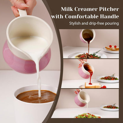 Ceramic Sugar and Creamer Set, 2-Piece French Style Cream Pitcher and Sugar Bowl with Lid, Coffee and Tea Serving Set for Home Kitchen, Microwave & Dishwasher Safe, Pink and Beige
