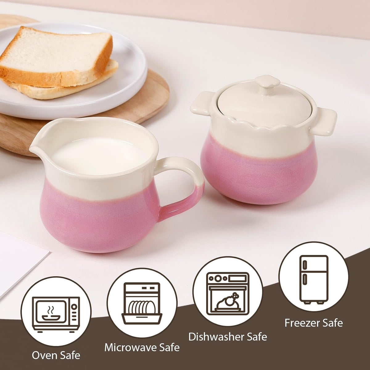 Ceramic Sugar and Creamer Set, 2-Piece French Style Cream Pitcher and Sugar Bowl with Lid, Coffee and Tea Serving Set for Home Kitchen, Microwave & Dishwasher Safe, Pink and Beige