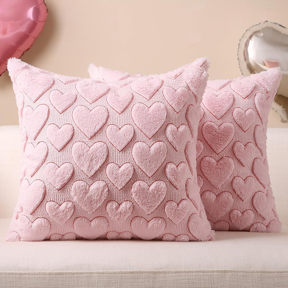 Pink Heart Pillow Covers 18 x 18 Inch Set of 2, Spring Summer Soft Faux Fur Cushion Covers, 3D Embroidered Pillow Cases for Girl's Room Decor