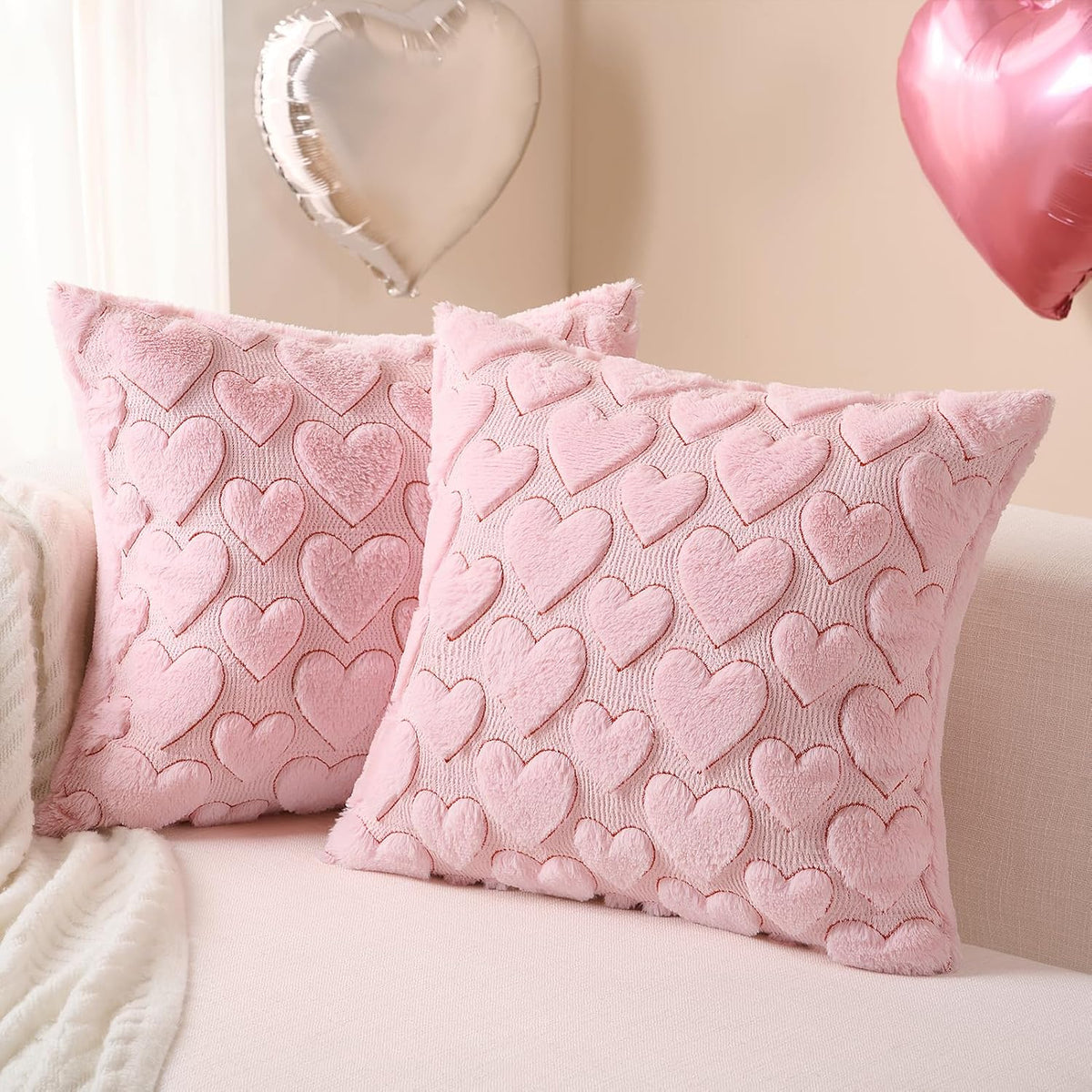 Pink Heart Pillow Covers 18 x 18 Inch Set of 2, Spring Summer Soft Faux Fur Cushion Covers, 3D Embroidered Pillow Cases for Girl's Room Decor