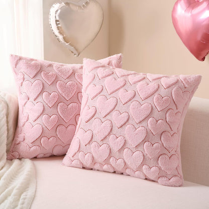 Pink Heart Pillow Covers 18 x 18 Inch Set of 2, Spring Summer Soft Faux Fur Cushion Covers, 3D Embroidered Pillow Cases for Girl's Room Decor