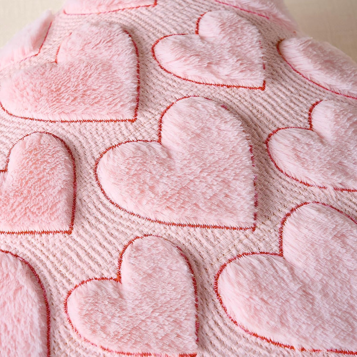 Pink Heart Pillow Covers 18 x 18 Inch Set of 2, Spring Summer Soft Faux Fur Cushion Covers, 3D Embroidered Pillow Cases for Girl's Room Decor