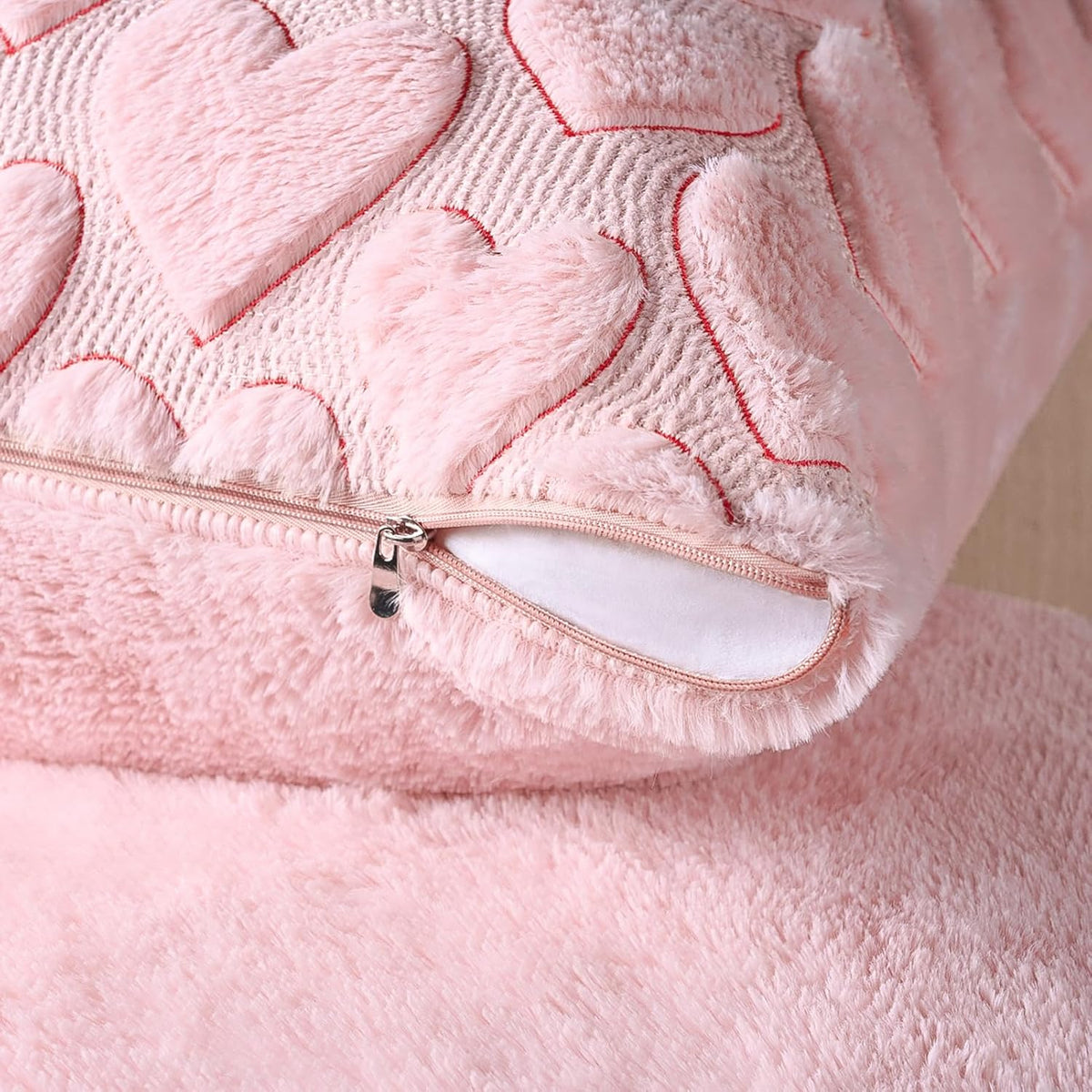 Pink Heart Pillow Covers 18 x 18 Inch Set of 2, Spring Summer Soft Faux Fur Cushion Covers, 3D Embroidered Pillow Cases for Girl's Room Decor