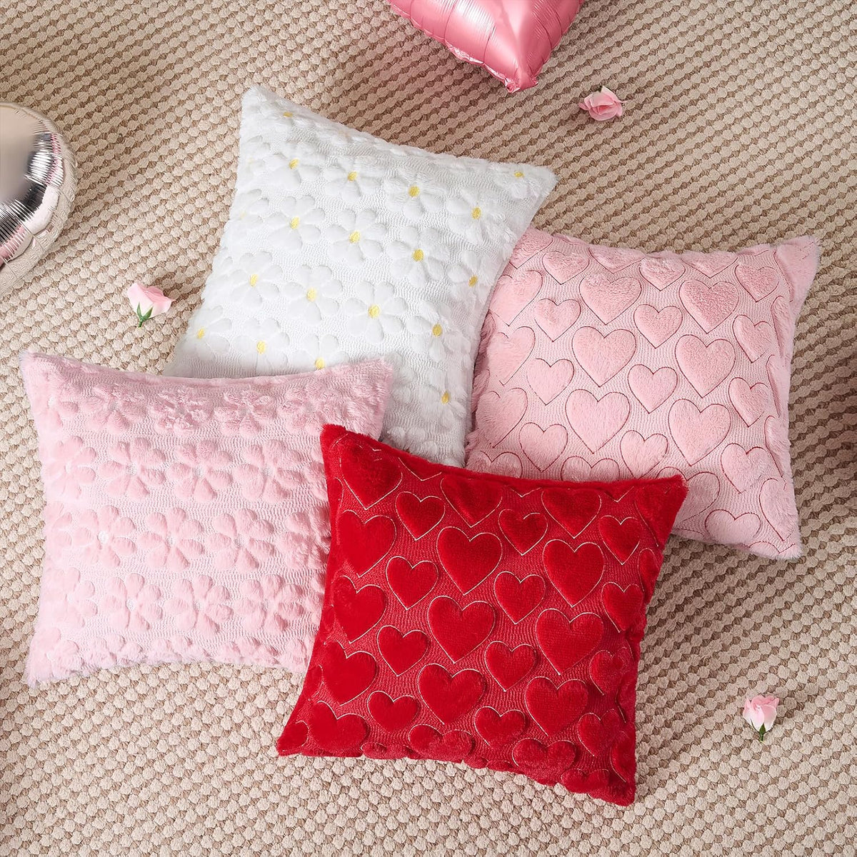Pink Heart Pillow Covers 18 x 18 Inch Set of 2, Spring Summer Soft Faux Fur Cushion Covers, 3D Embroidered Pillow Cases for Girl's Room Decor