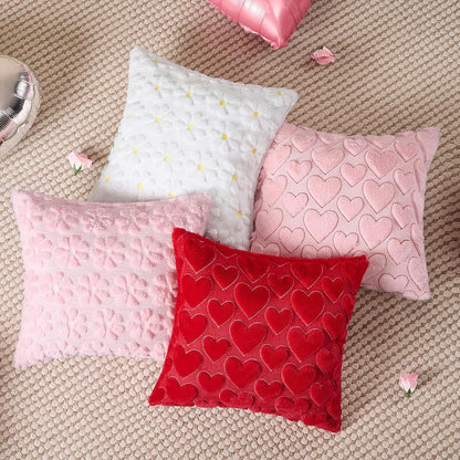 Pink Heart Pillow Covers 18 x 18 Inch Set of 2, Spring Summer Soft Faux Fur Cushion Covers, 3D Embroidered Pillow Cases for Girl's Room Decor