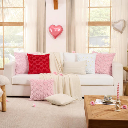 Pink Heart Pillow Covers 18 x 18 Inch Set of 2, Spring Summer Soft Faux Fur Cushion Covers, 3D Embroidered Pillow Cases for Girl's Room Decor