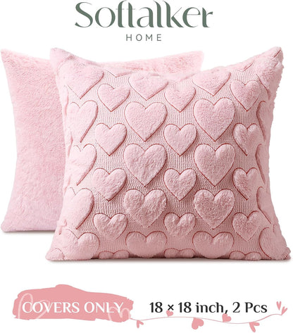 Pink Heart Pillow Covers 18 x 18 Inch Set of 2, Spring Summer Soft Faux Fur Cushion Covers, 3D Embroidered Pillow Cases for Girl's Room Decor