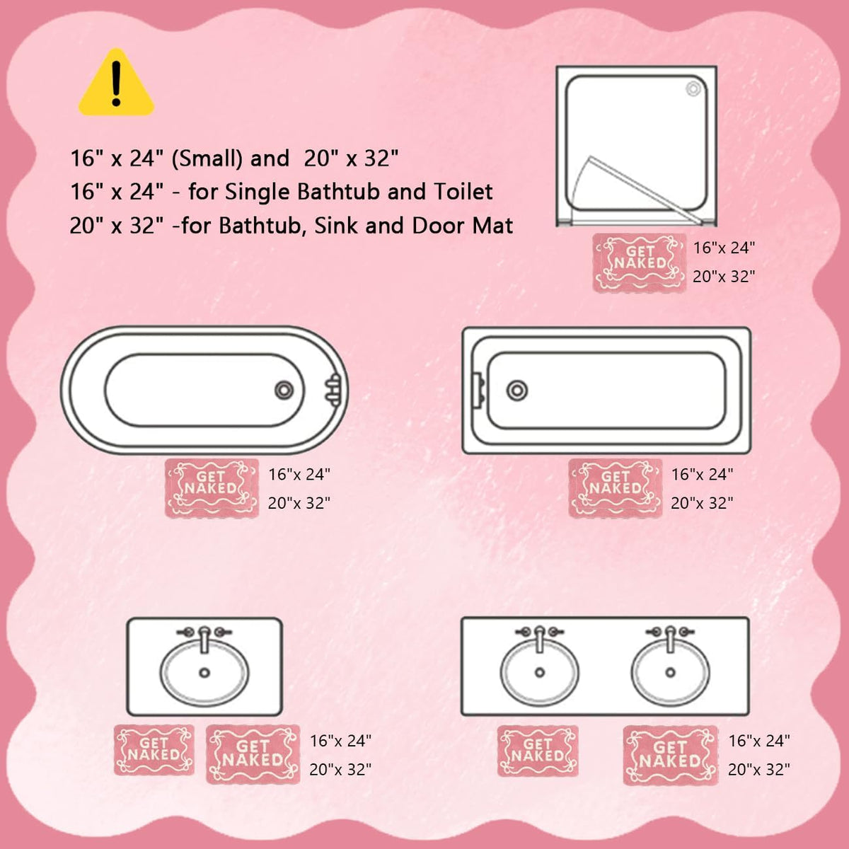 Pink Get Naked Bath Mat Cute Scalloped Bow Bathroom Rugs, 16" x 24"