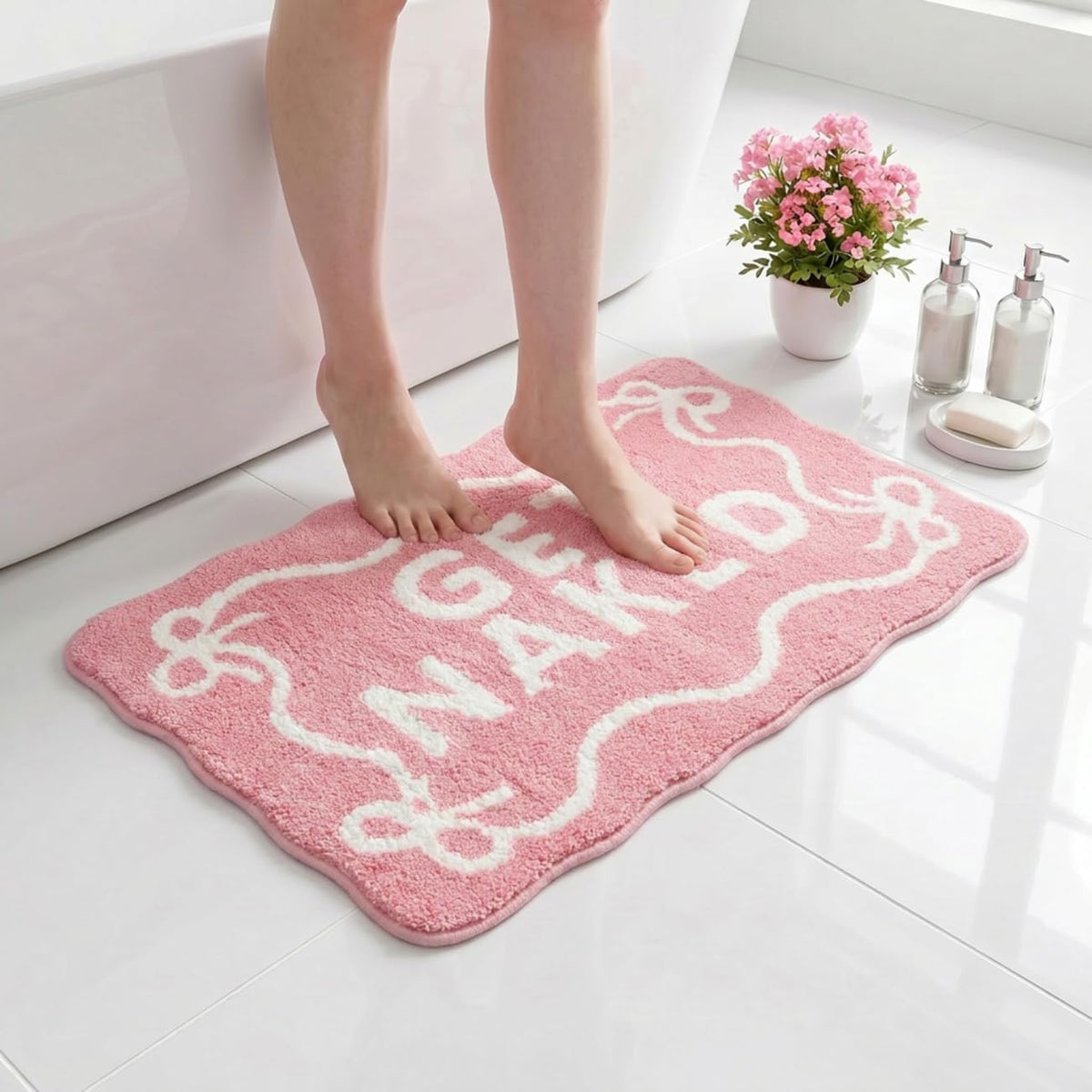 Pink Get Naked Bath Mat Cute Scalloped Bow Bathroom Rugs, 16" x 24"