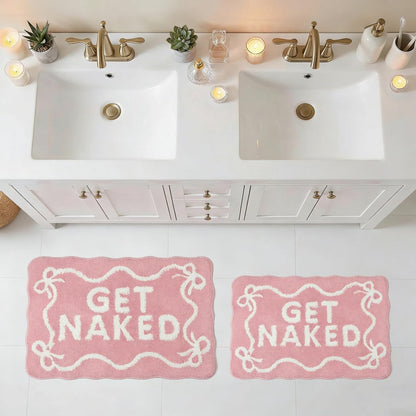 Pink Get Naked Bath Mat Cute Scalloped Bow Bathroom Rugs, 16" x 24"