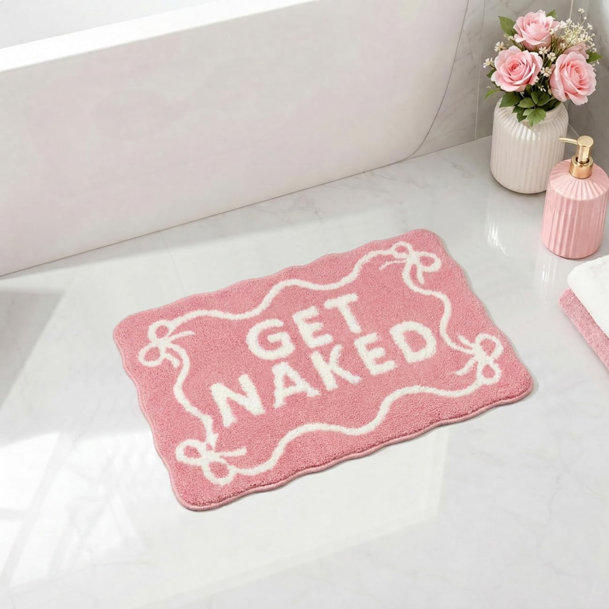 Pink Get Naked Bath Mat Cute Scalloped Bow Bathroom Rugs, 16" x 24"