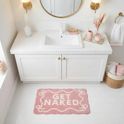 Pink Get Naked Bath Mat Cute Scalloped Bow Bathroom Rugs, 16" x 24"