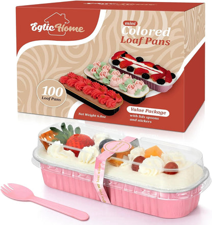 EgticHome Mini Loaf Pans with Lids and Spoons (100 Pack, Pink, 6.8oz) Rectangular Aluminum Foil Baking Pans