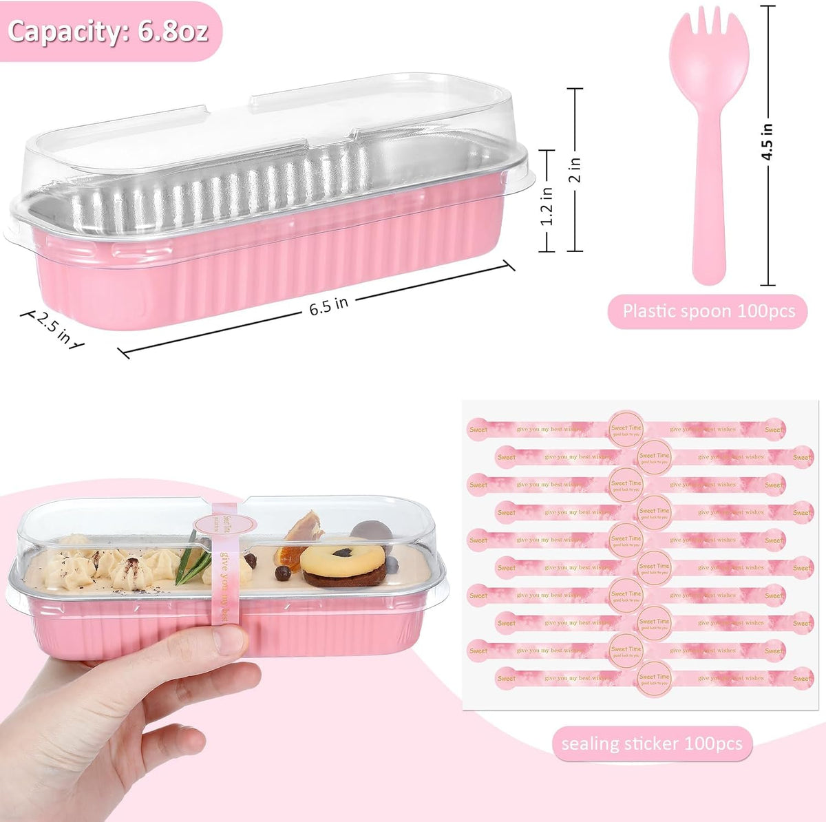EgticHome Mini Loaf Pans with Lids and Spoons (100 Pack, Pink, 6.8oz) Rectangular Aluminum Foil Baking Pans