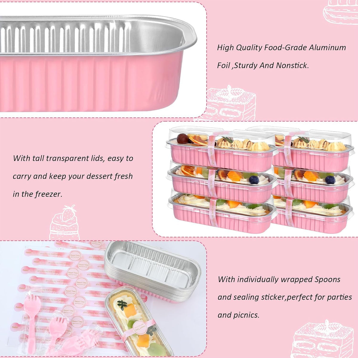 EgticHome Mini Loaf Pans with Lids and Spoons (100 Pack, Pink, 6.8oz) Rectangular Aluminum Foil Baking Pans