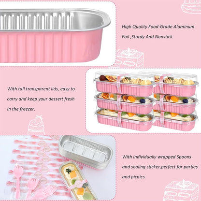 EgticHome Mini Loaf Pans with Lids and Spoons (100 Pack, Pink, 6.8oz) Rectangular Aluminum Foil Baking Pans