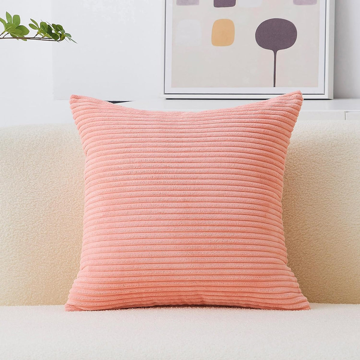 Coral Pillows Decorative Throw Pillows for Sofa Bed Euro Sham Square Striped Velvet Super Soft Throw Pillow Cover for Couch Decorations(Coral, 24x24 inches, 60cm)