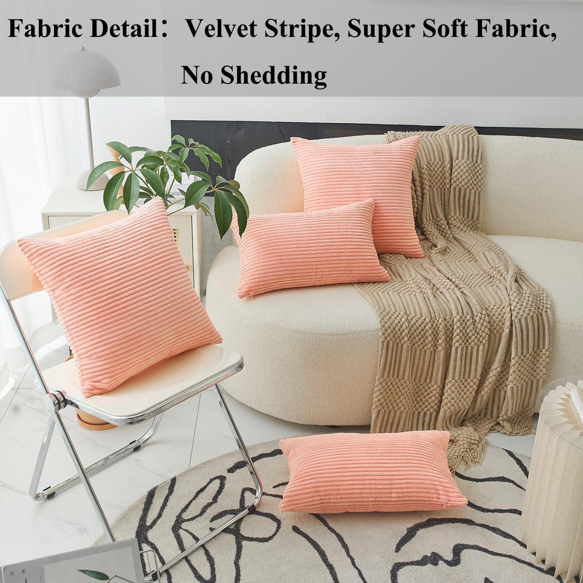 Coral Pillows Decorative Throw Pillows for Sofa Bed Euro Sham Square Striped Velvet Super Soft Throw Pillow Cover for Couch Decorations(Coral, 24x24 inches, 60cm)