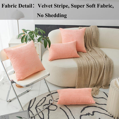 Coral Pillows Decorative Throw Pillows for Sofa Bed Euro Sham Square Striped Velvet Super Soft Throw Pillow Cover for Couch Decorations(Coral, 24x24 inches, 60cm)