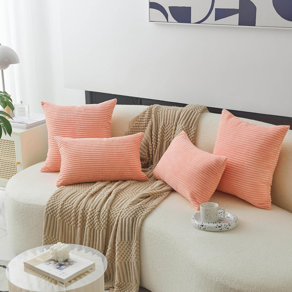 Coral Pillows Decorative Throw Pillows for Sofa Bed Euro Sham Square Striped Velvet Super Soft Throw Pillow Cover for Couch Decorations(Coral, 24x24 inches, 60cm)