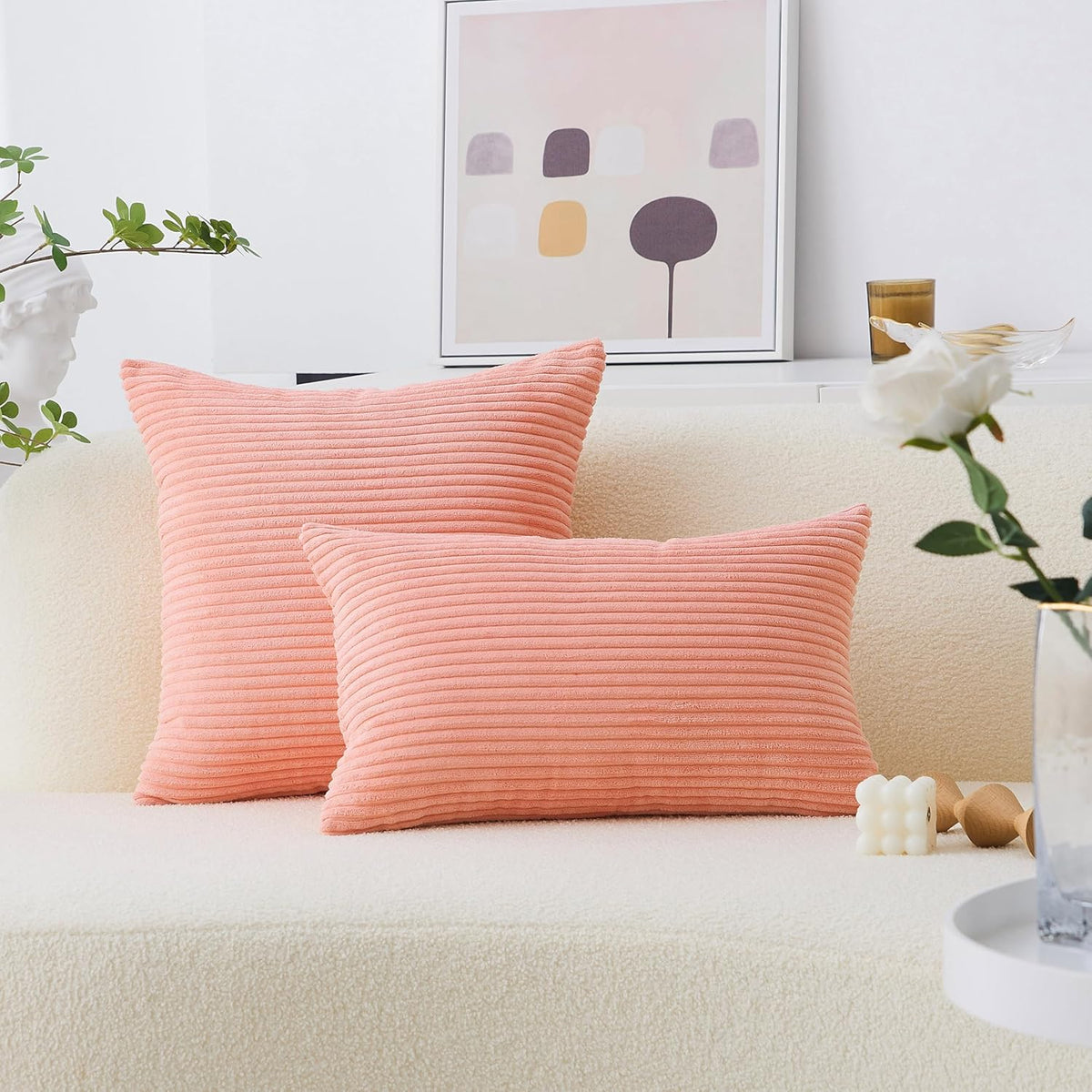 Coral Pillows Decorative Throw Pillows for Sofa Bed Euro Sham Square Striped Velvet Super Soft Throw Pillow Cover for Couch Decorations(Coral, 24x24 inches, 60cm)