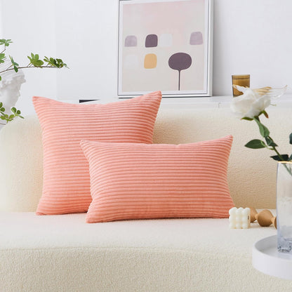 Coral Pillows Decorative Throw Pillows for Sofa Bed Euro Sham Square Striped Velvet Super Soft Throw Pillow Cover for Couch Decorations(Coral, 24x24 inches, 60cm)