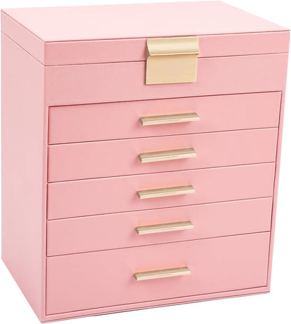 Jewelry Boxes for Women, White and Black 6 Layer Large Jewelry Box for Necklace, Bracelet, Earrings, Rings Storage, Jewelry holder Organizer for Girls Gift (Pink, 6 layer)